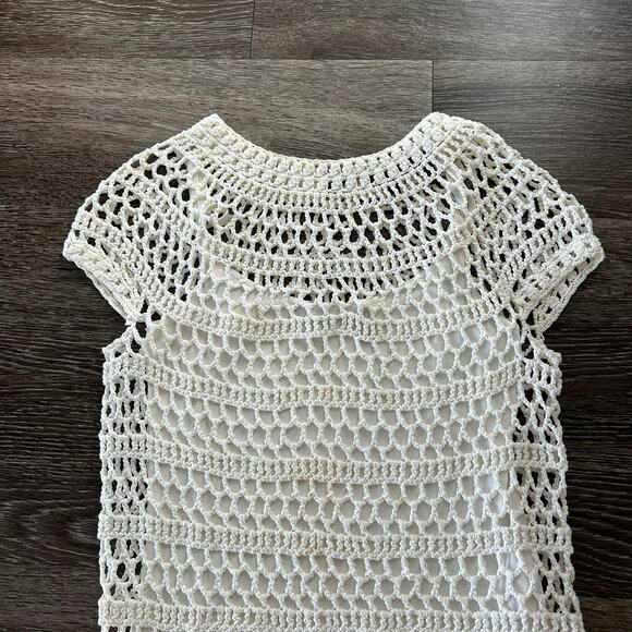 Theory Ivory Crochet T-Shirt Top P Short Sleeve Layered Knit Minimalist Tee - Picture 3 of 16
